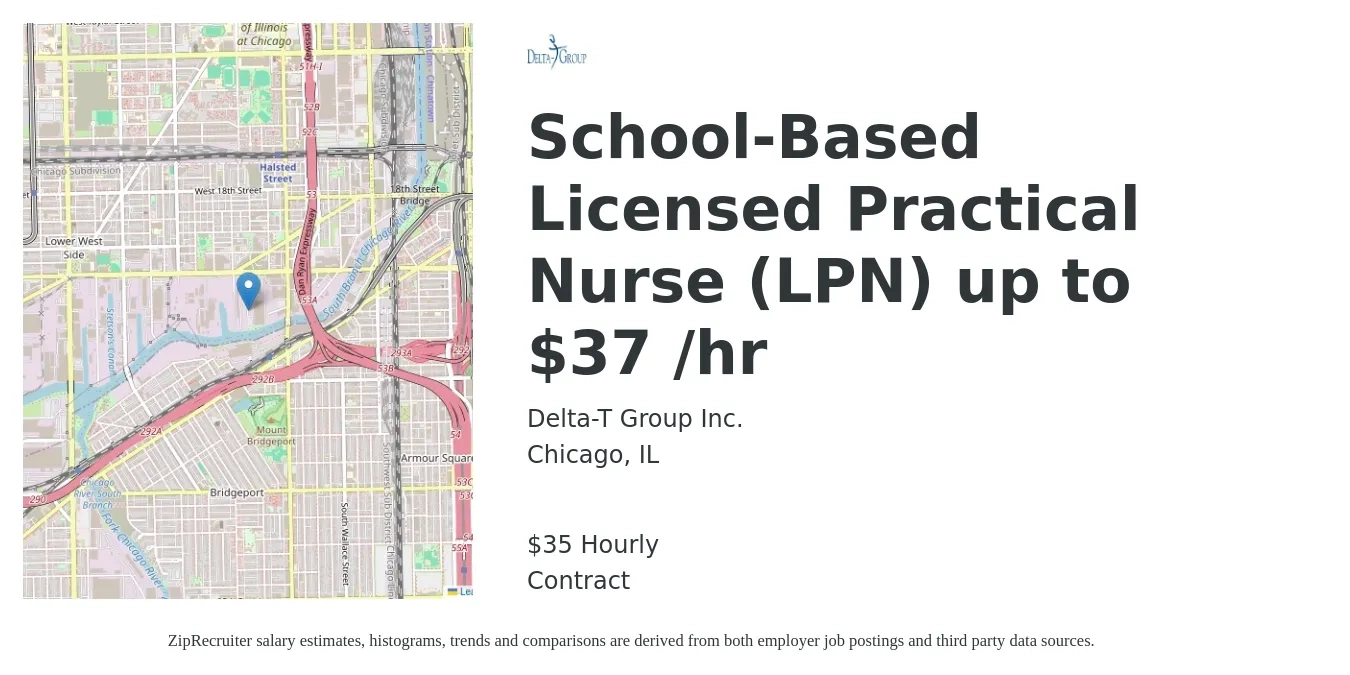Delta-T Group Inc. job posting for a School-Based Licensed Practical Nurse (LPN) up to $37 /hr in Chicago, IL with a salary of $37 Hourly with a map of Chicago location.