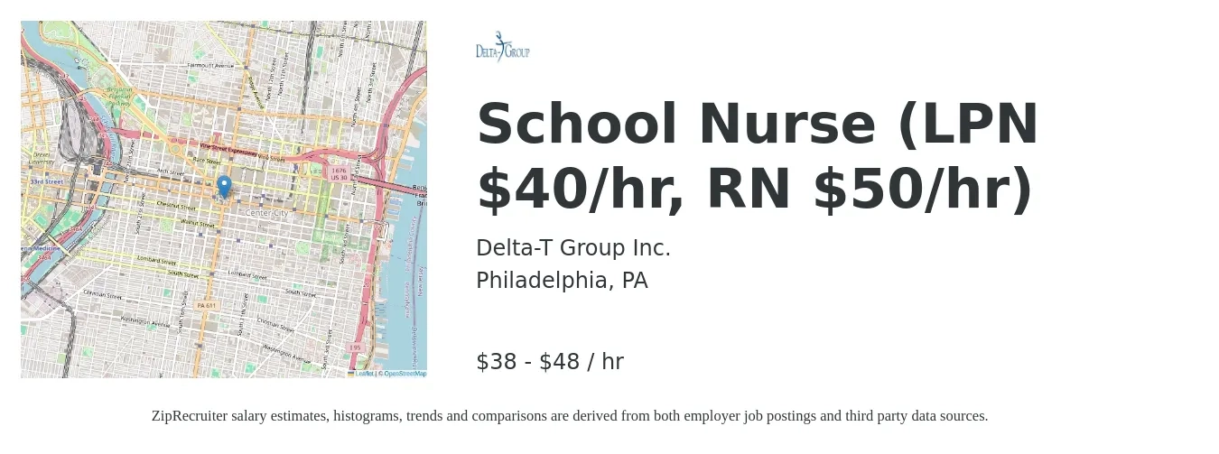 Delta-T Group Inc. job posting for a School Nurse (LPN $40/hr, RN $50/hr) in Philadelphia, PA with a salary of $40 to $50 Hourly with a map of Philadelphia location.