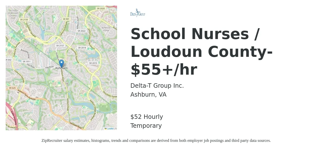 Delta-T Group Inc. job posting for a School Nurses / Loudoun County- $55+/hr in Ashburn, VA with a salary of $55 Hourly with a map of Ashburn location.