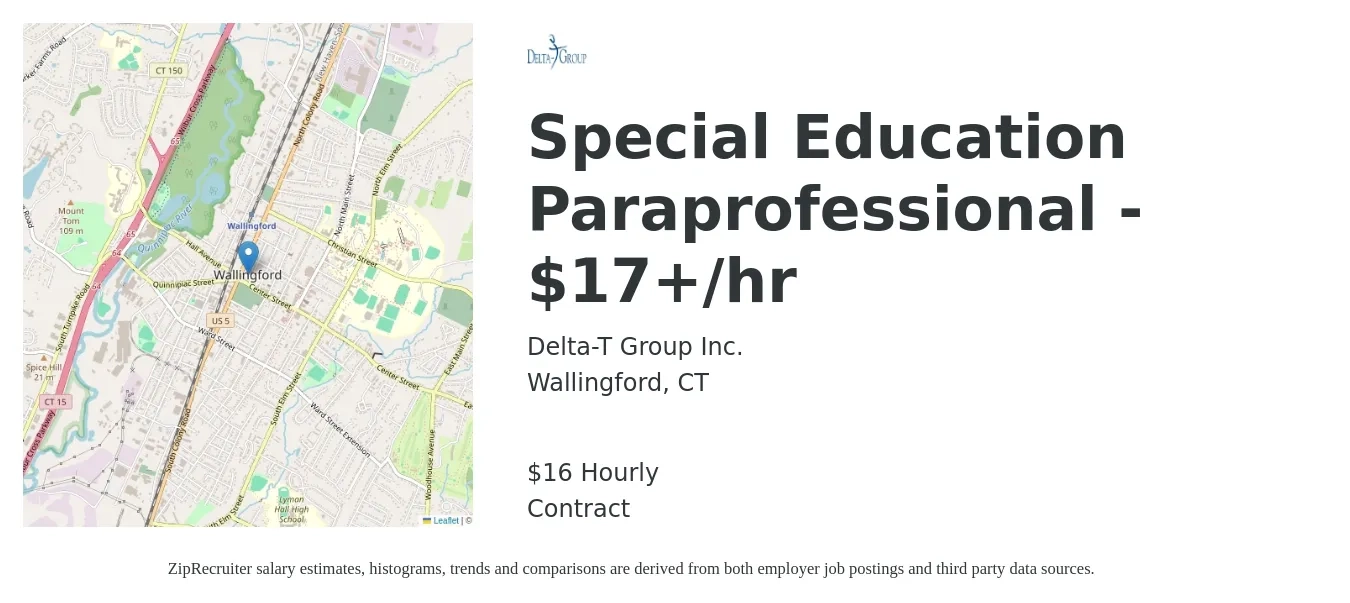 Delta-T Group Inc. job posting for a Special Education Paraprofessional - $17+/hr in Wallingford, CT with a salary of $17 Hourly with a map of Wallingford location.