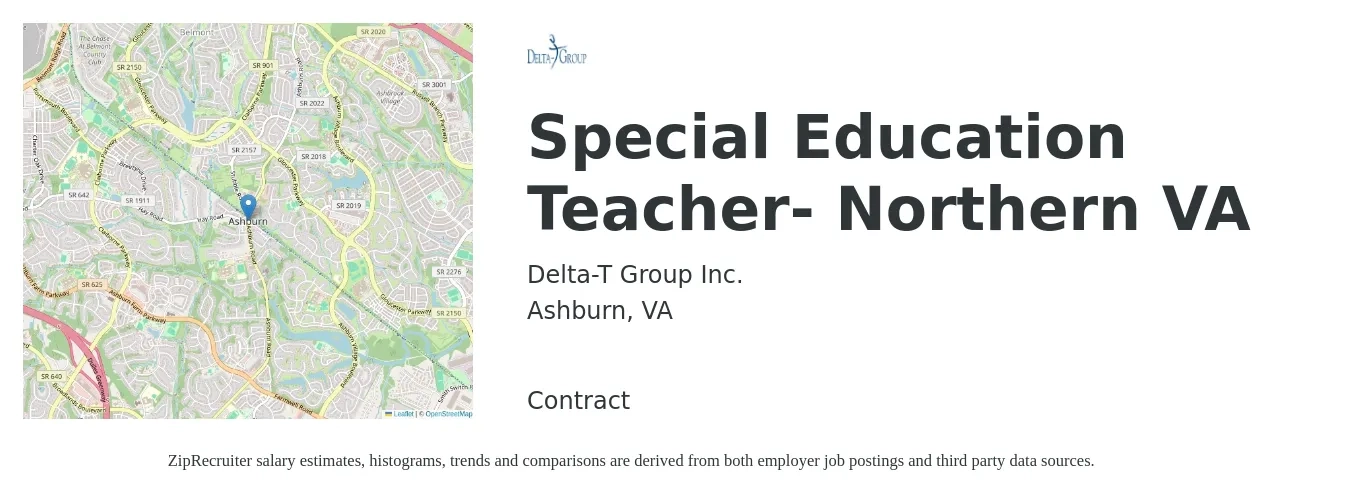 Delta-T Group Inc. job posting for a Special Education Teacher- Northern VA in Ashburn, VA with a salary of $51,100 to $67,500 Yearly with a map of Ashburn location.