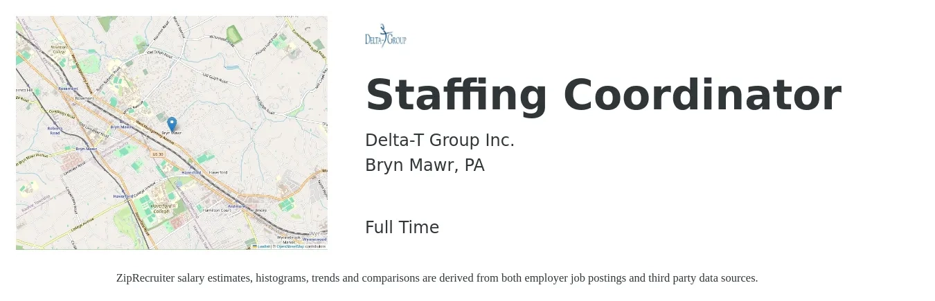 Delta-T Group Inc. job posting for a Staffing Coordinator in Bryn Mawr, PA with a salary of $16 to $21 Hourly with a map of Bryn Mawr location.