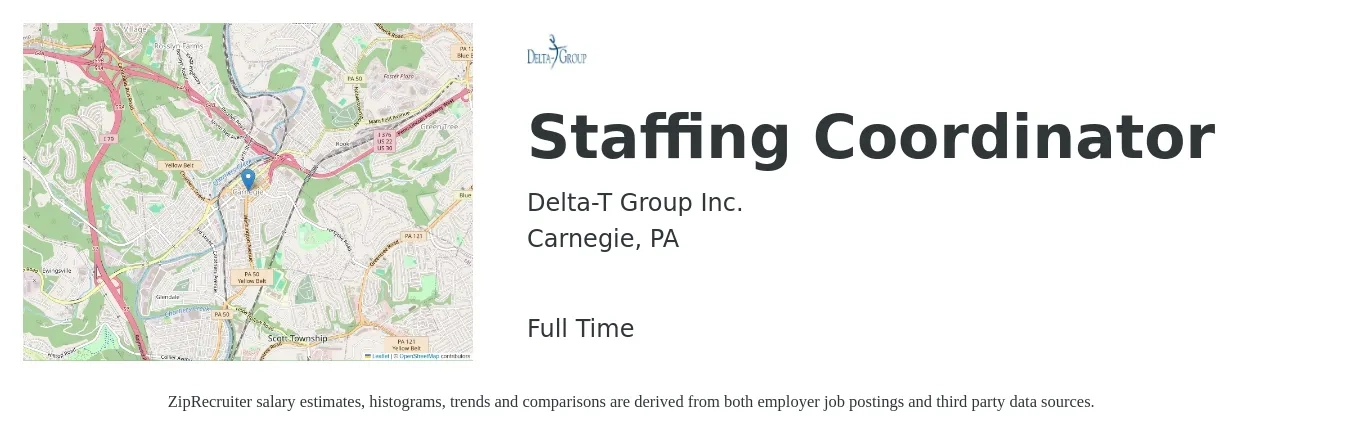 Delta-T Group Inc. job posting for a Staffing Coordinator in Carnegie, PA with a salary of $18 to $23 Hourly with a map of Carnegie location.