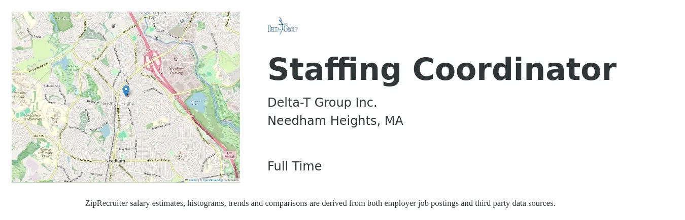 Delta-T Group Inc. job posting for a Staffing Coordinator in Needham Heights, MA with a salary of $20 to $26 Hourly with a map of Needham Heights location.