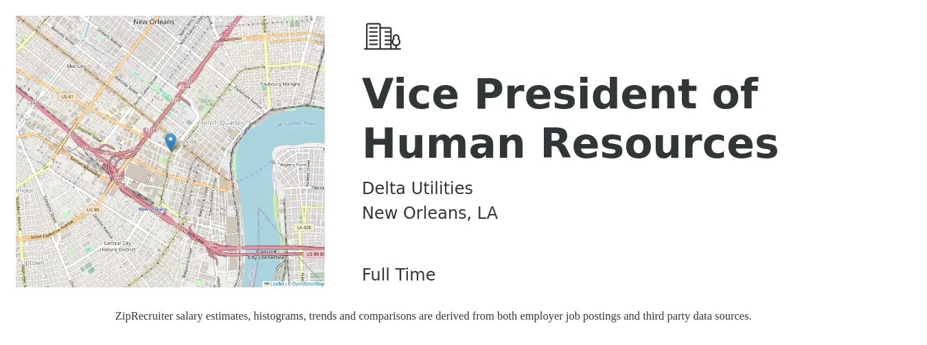 Delta Utilities job posting for a Vice President of Human Resources in New Orleans, LA with a salary of $120,000 to $182,500 Yearly with a map of New Orleans location.