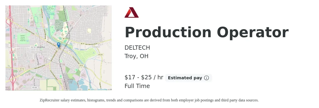 DELTECH job posting for a Production Operator in Troy, OH with a salary of $18 to $26 Hourly with a map of Troy location.