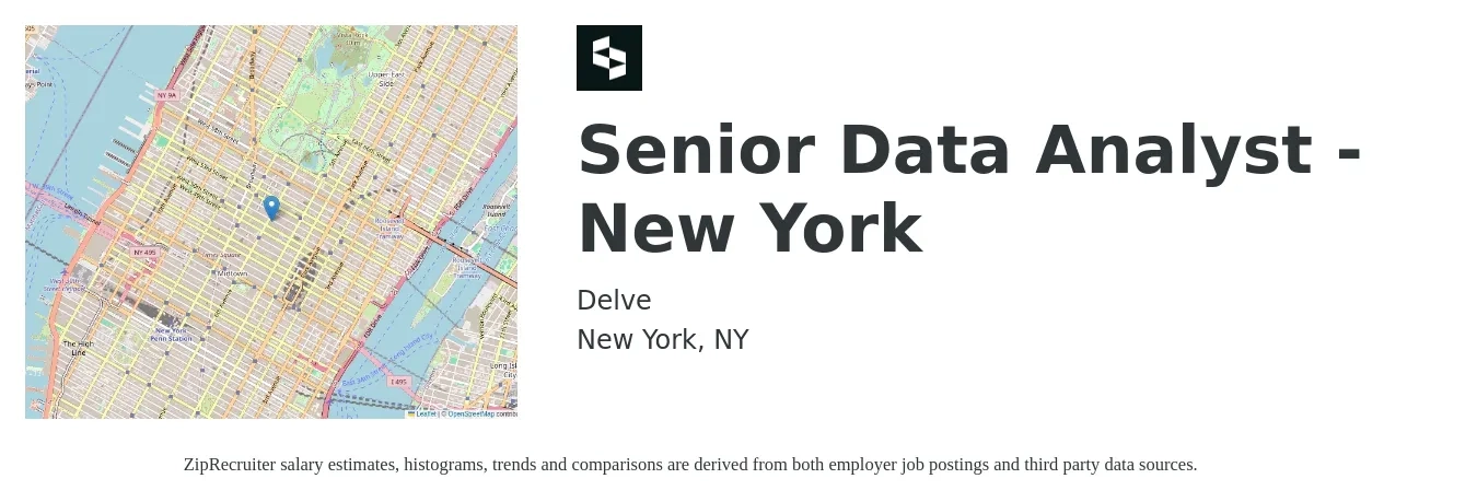 Delve job posting for a Senior Data Analyst - New York in New York, NY with a salary of $94,100 to $118,700 Yearly with a map of New York location.