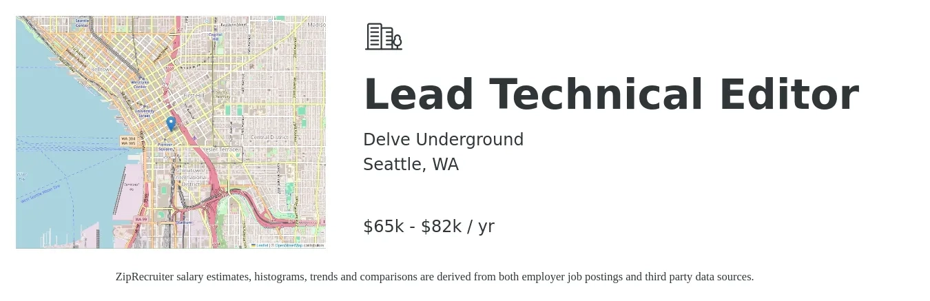 Delve Underground job posting for a Lead Technical Editor in Seattle, WA with a salary of $65,635 to $87,654 Yearly with a map of Seattle location.