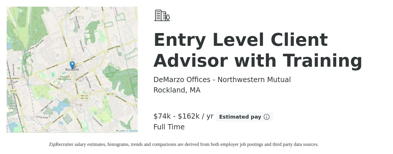DeMarzo Offices - Northwestern Mutual job posting for a Entry Level Client Advisor with Training in Rockland, MA with a salary of $74,000 to $162,000 Yearly with a map of Rockland location.