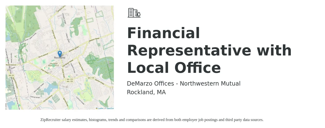 DeMarzo Offices - Northwestern Mutual job posting for a Financial Representative with Local Office in Rockland, MA with a salary of $60,000 to $138,000 Yearly with a map of Rockland location.