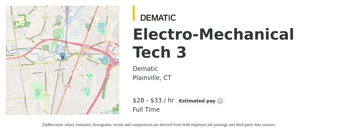 Dematic job posting for a Electro-Mechanical Tech 3 in Plainville, CT with a salary of $30 to $35 Hourly with a map of Plainville location.
