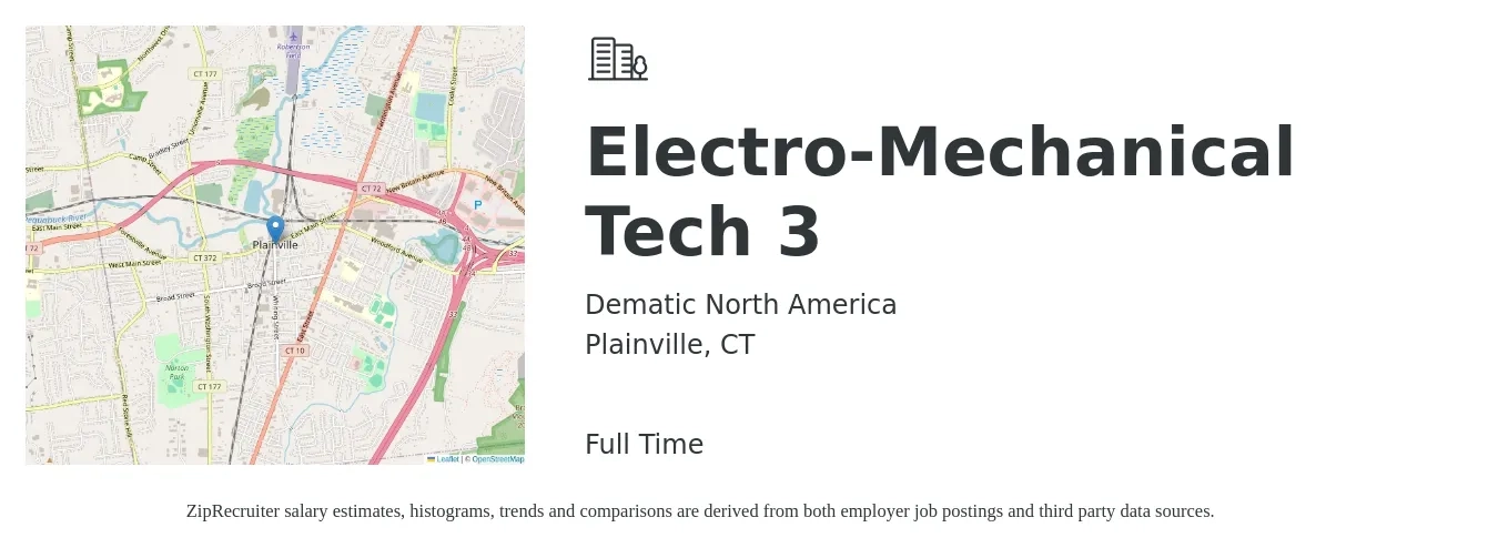 Dematic North America job posting for a Electro-Mechanical Tech 3 in Plainville, CT with a salary of $30 to $35 Hourly with a map of Plainville location.