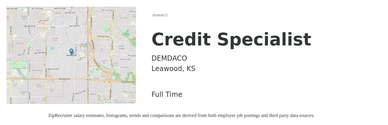 DEMDACO job posting for a Credit Specialist in Leawood, KS with a salary of $19 to $27 Hourly with a map of Leawood location.