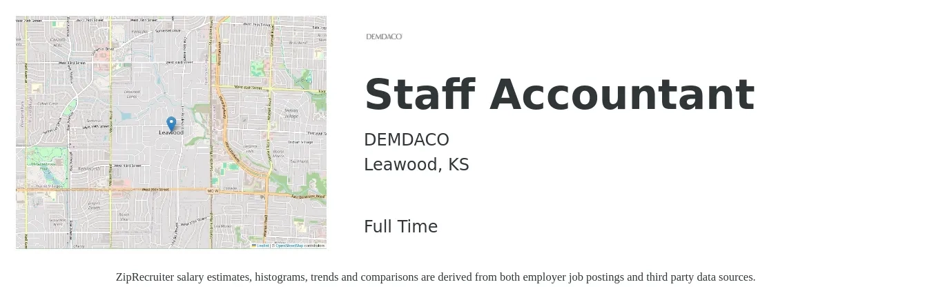 DEMDACO job posting for a Staff Accountant in Leawood, KS with a salary of $53,500 to $70,500 Yearly with a map of Leawood location.