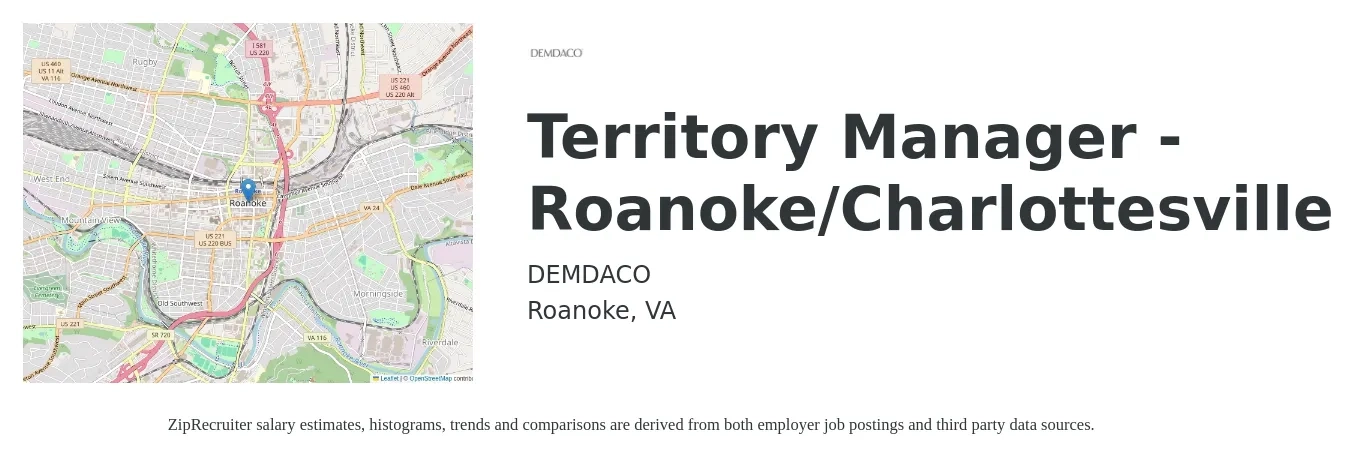 DEMDACO job posting for a Territory Manager - Roanoke/Charlottesville in Roanoke, VA with a salary of $63,300 to $97,100 Yearly with a map of Roanoke location.