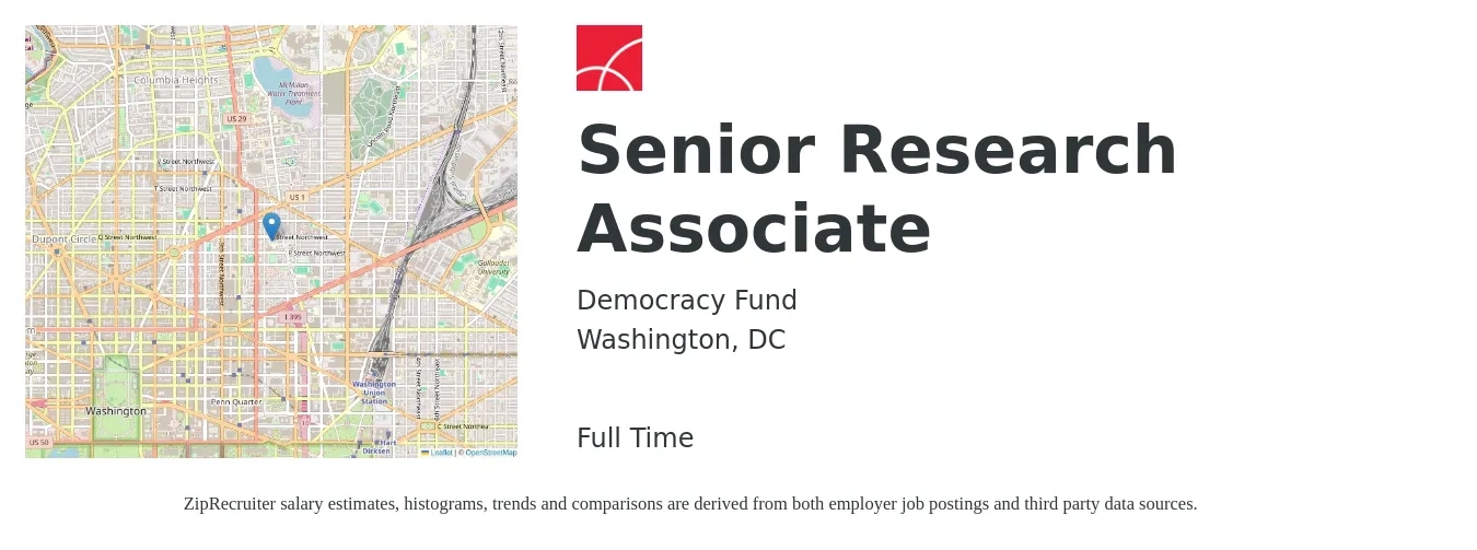 Democracy Fund job posting for a Senior Research Associate in Washington, DC with a salary of $44 to $59 Hourly with a map of Washington location.