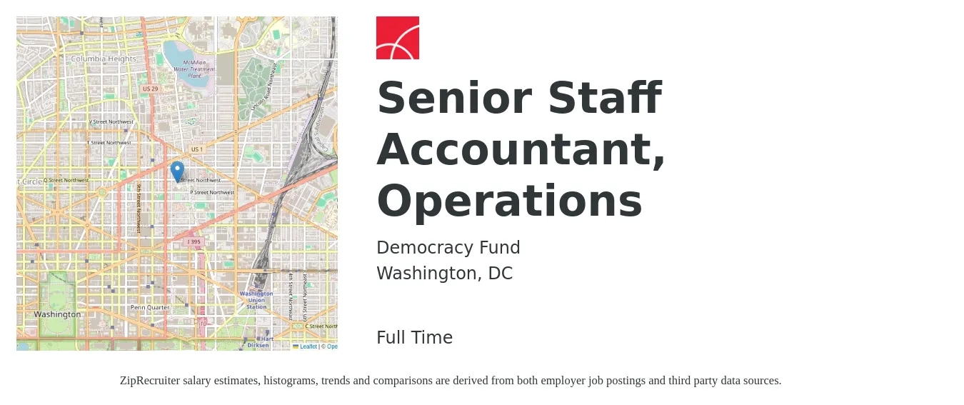 Democracy Fund job posting for a Senior Staff Accountant, Operations in Washington, DC with a salary of $78,400 to $96,500 Yearly with a map of Washington location.