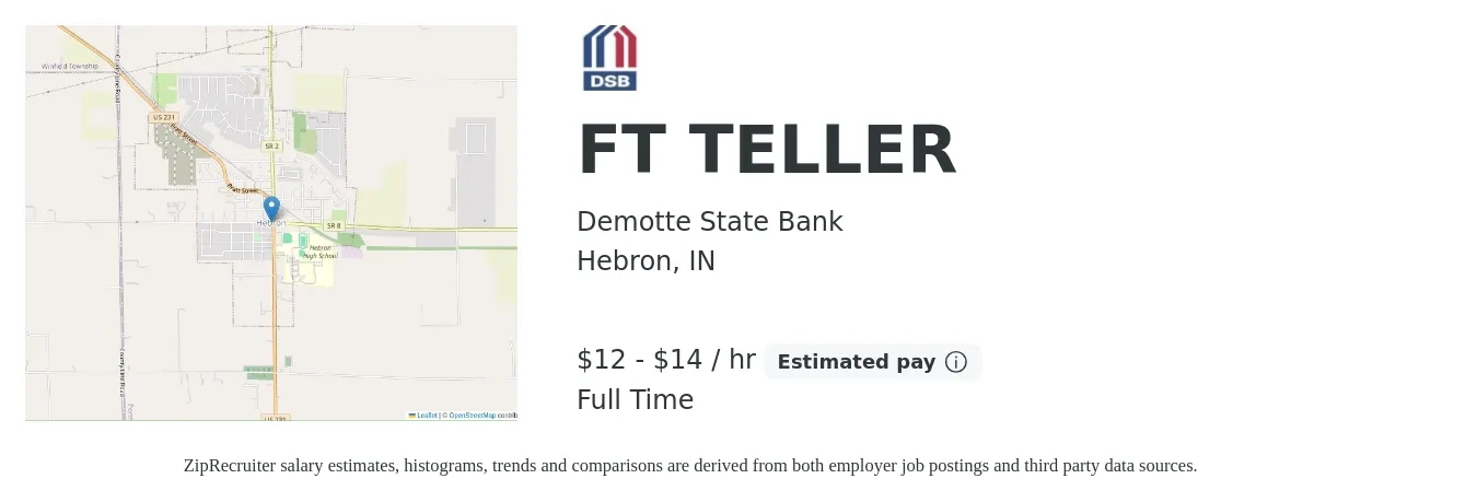 Demotte State Bank job posting for a FT TELLER in Hebron, IN with a salary of $13 to $15 Hourly with a map of Hebron location.