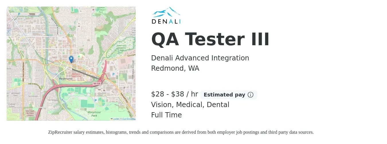 Denali Advanced Integration job posting for a QA Tester III in Redmond, WA with a salary of $30 to $40 Hourly and benefits including dental, life_insurance, medical, pto, retirement, and vision with a map of Redmond location.
