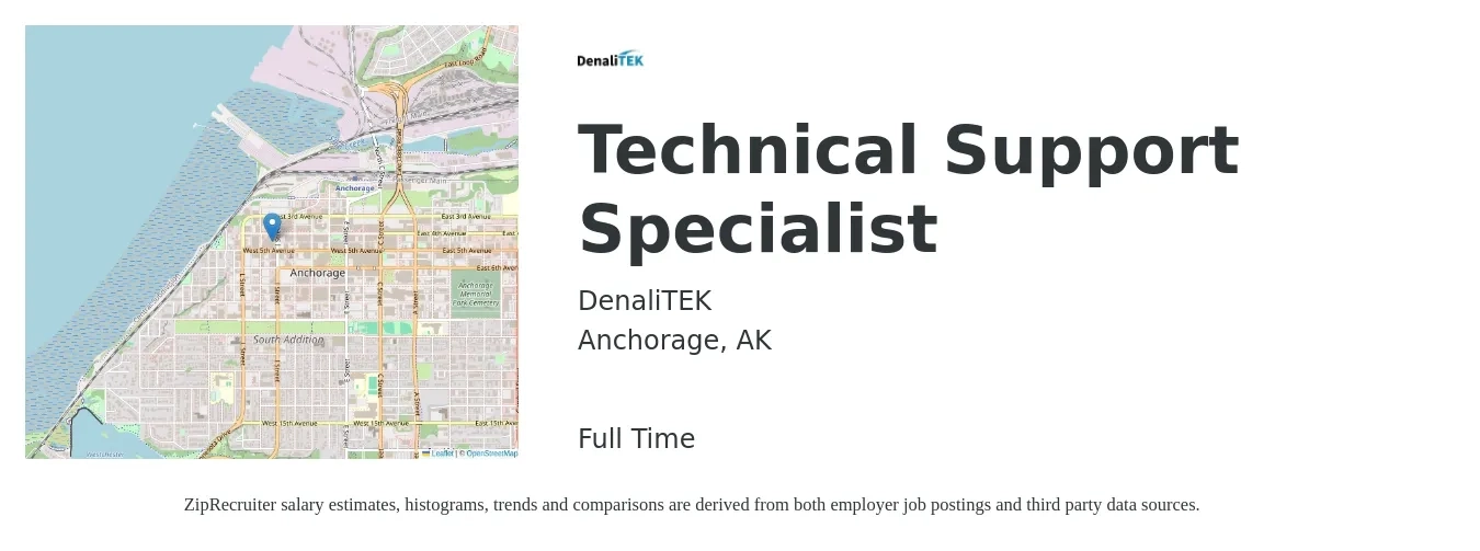 DenaliTEK job posting for a Technical Support Specialist in Anchorage, AK with a salary of $22 to $32 Hourly with a map of Anchorage location.