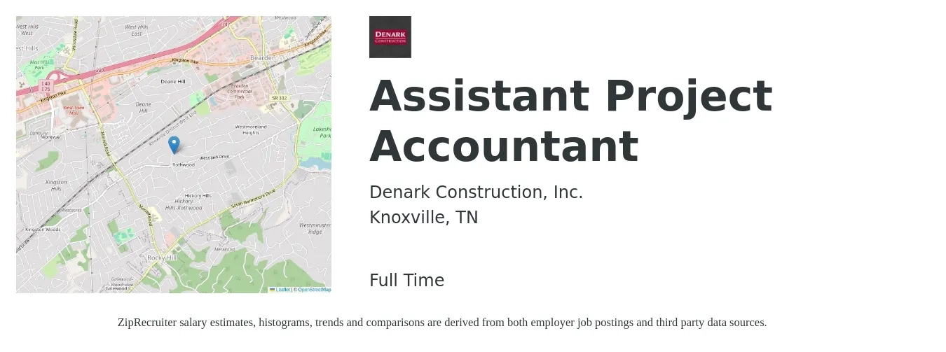 Denark Construction, Inc. job posting for a Assistant Project Accountant in Knoxville, TN with a salary of $58,200 to $76,400 Yearly with a map of Knoxville location.
