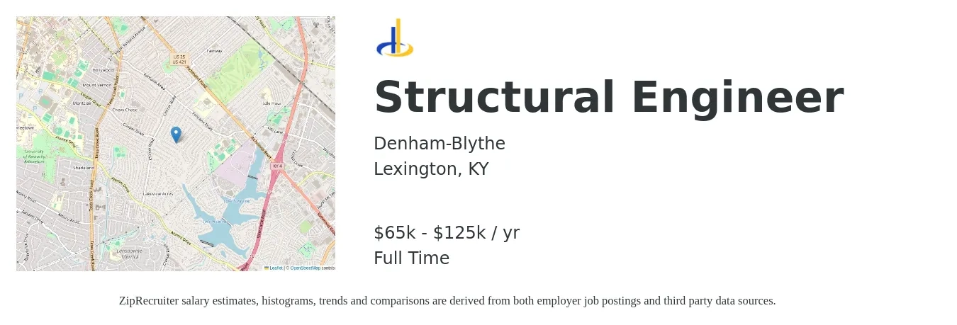 Denham-Blythe job posting for a Structural Engineer in Lexington, KY with a salary of $65,000 to $125,000 Yearly with a map of Lexington location.