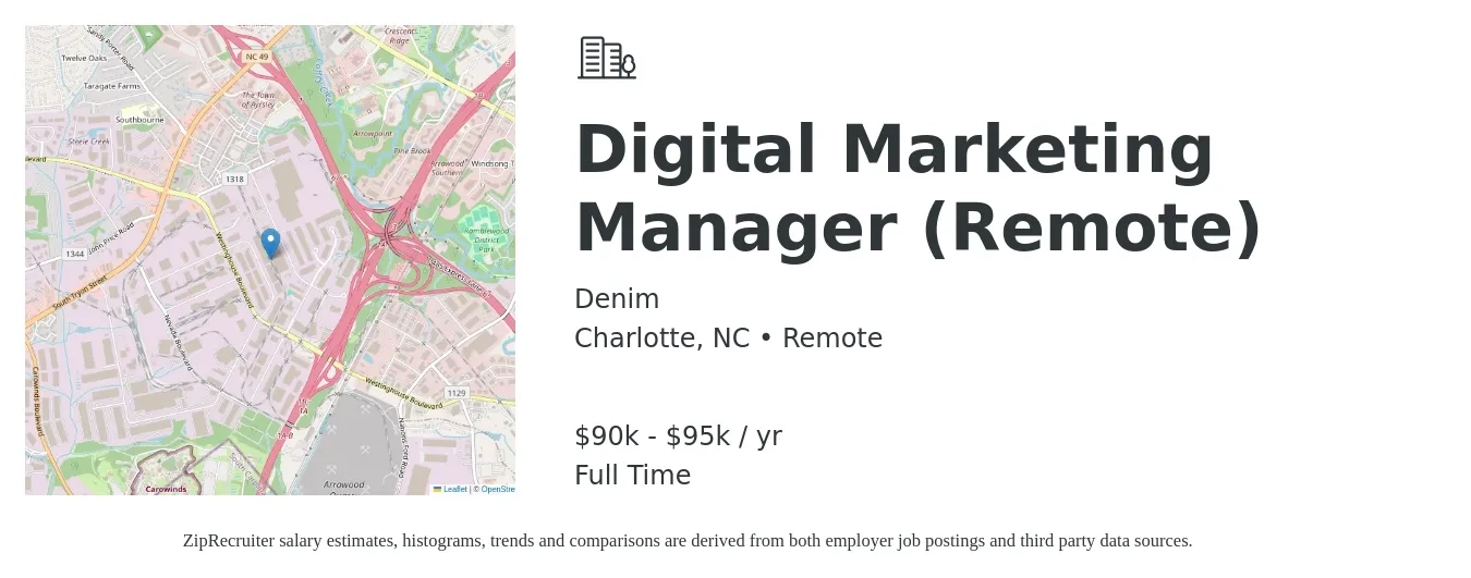 Denim job posting for a Digital Marketing Manager (Remote) in Charlotte, NC with a salary of $90,000 to $95,000 Yearly with a map of Charlotte location.
