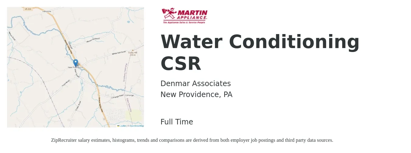 Denmar Associates job posting for a Water Conditioning CSR in New Providence, PA with a salary of $12 to $17 Hourly with a map of New Providence location.