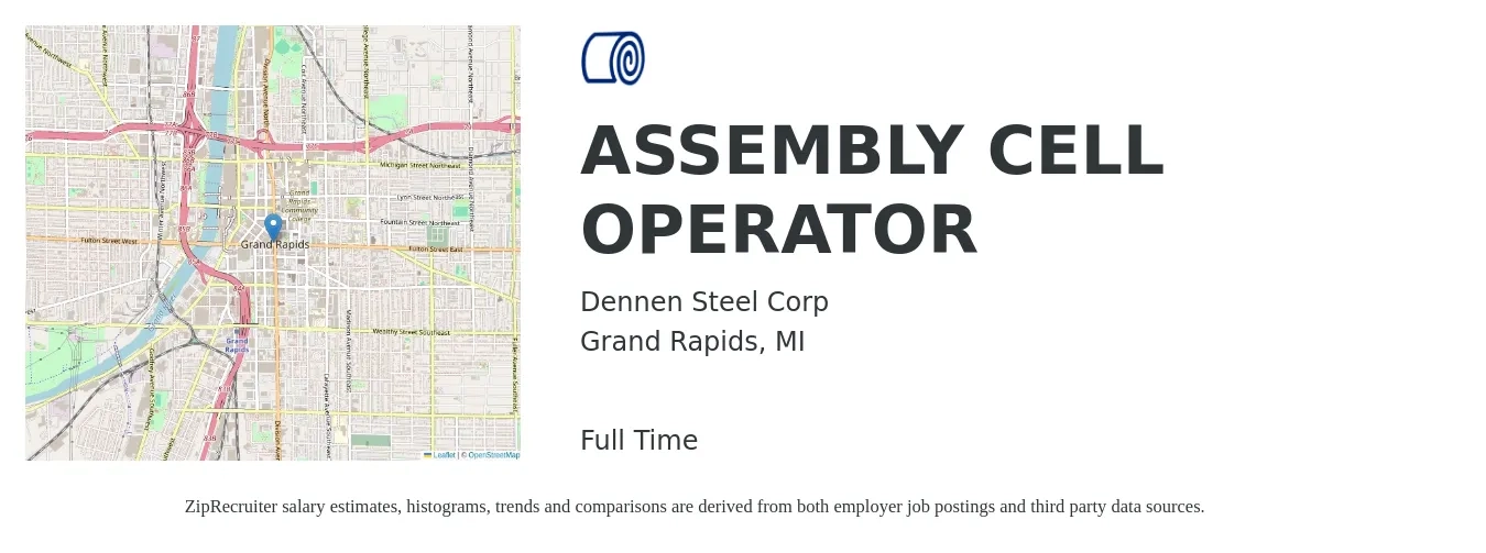 Dennen Steel Corp job posting for a ASSEMBLY CELL OPERATOR in Grand Rapids, MI with a salary of $16 to $19 Hourly with a map of Grand Rapids location.