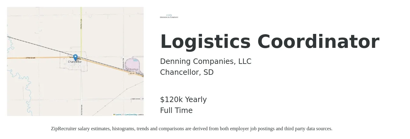 Denning Companies, LLC job posting for a Logistics Coordinator in Chancellor, SD with a salary of $120,000 Yearly with a map of Chancellor location.