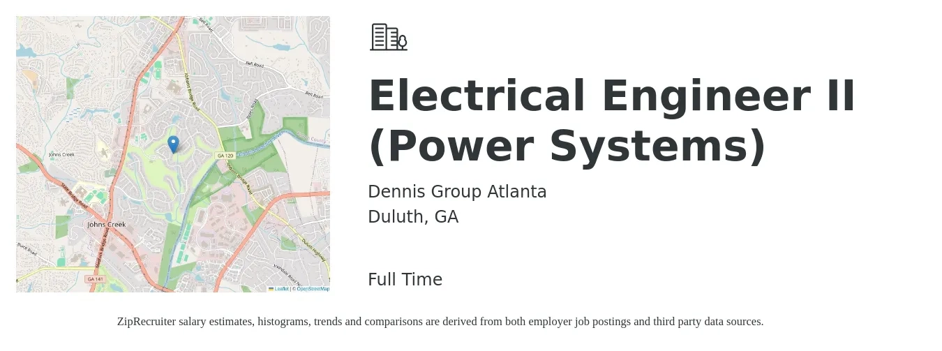Dennis Group Atlanta job posting for a Electrical Engineer II (Power Systems) in Duluth, GA with a salary of $59,800 to $95,300 Yearly with a map of Duluth location.