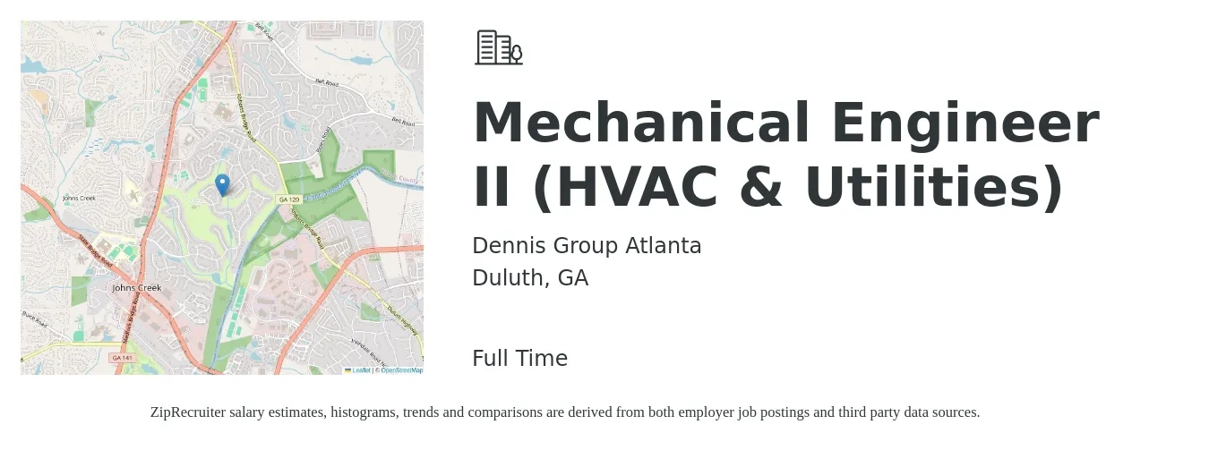 Dennis Group Atlanta job posting for a Mechanical Engineer II (HVAC & Utilities) in Duluth, GA with a salary of $75,000 to $116,400 Yearly with a map of Duluth location.