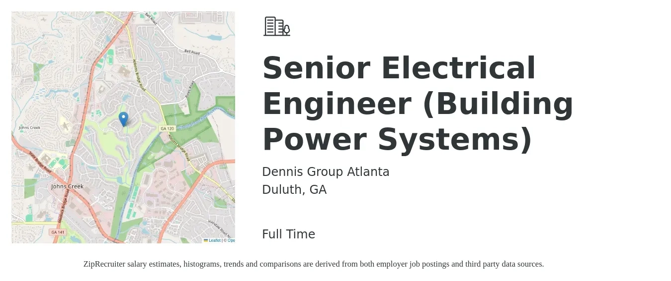 Dennis Group Atlanta job posting for a Senior Electrical Engineer (Building Power Systems) in Duluth, GA with a salary of $98,900 to $128,900 Yearly with a map of Duluth location.