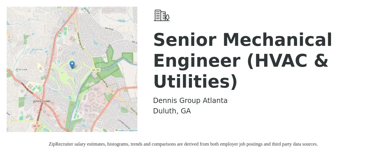 Dennis Group Atlanta job posting for a Senior Mechanical Engineer (HVAC & Utilities) in Duluth, GA with a salary of $96,200 to $127,000 Yearly with a map of Duluth location.
