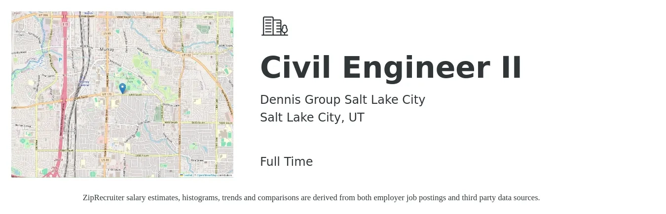 Dennis Group Salt Lake City job posting for a Civil Engineer II in Salt Lake City, UT with a salary of $65,300 to $95,300 Yearly with a map of Salt Lake City location.