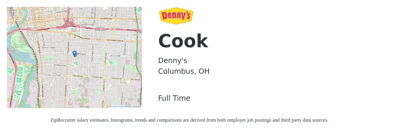 Denny's job posting for a Cook in Columbus, OH with a salary of $13 to $18 Hourly with a map of Columbus location.