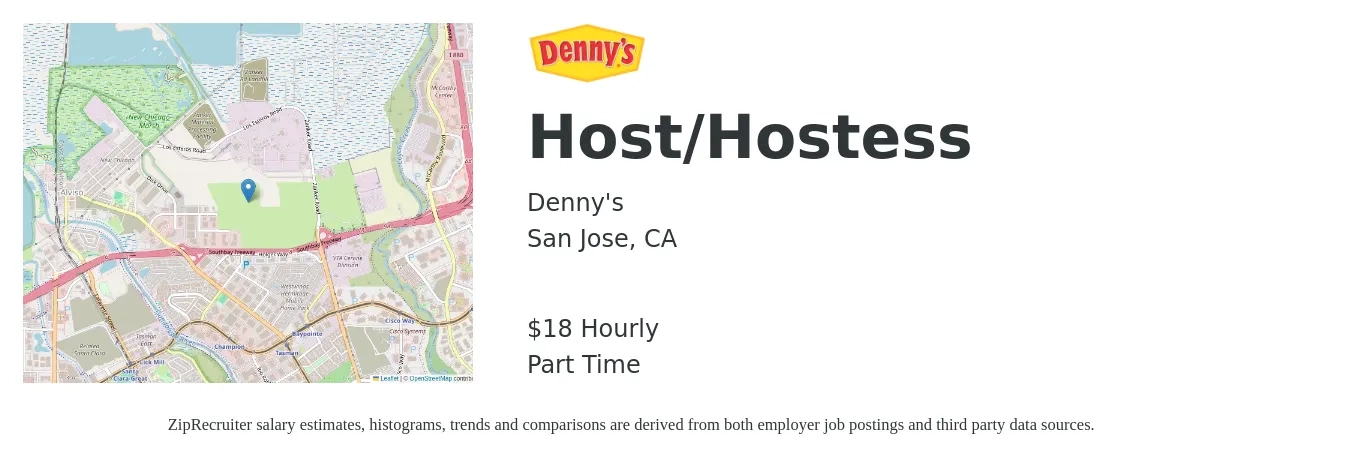 Denny's job posting for a Host/Hostess in San Jose, CA with a salary of $18 to $20 Hourly with a map of San Jose location.