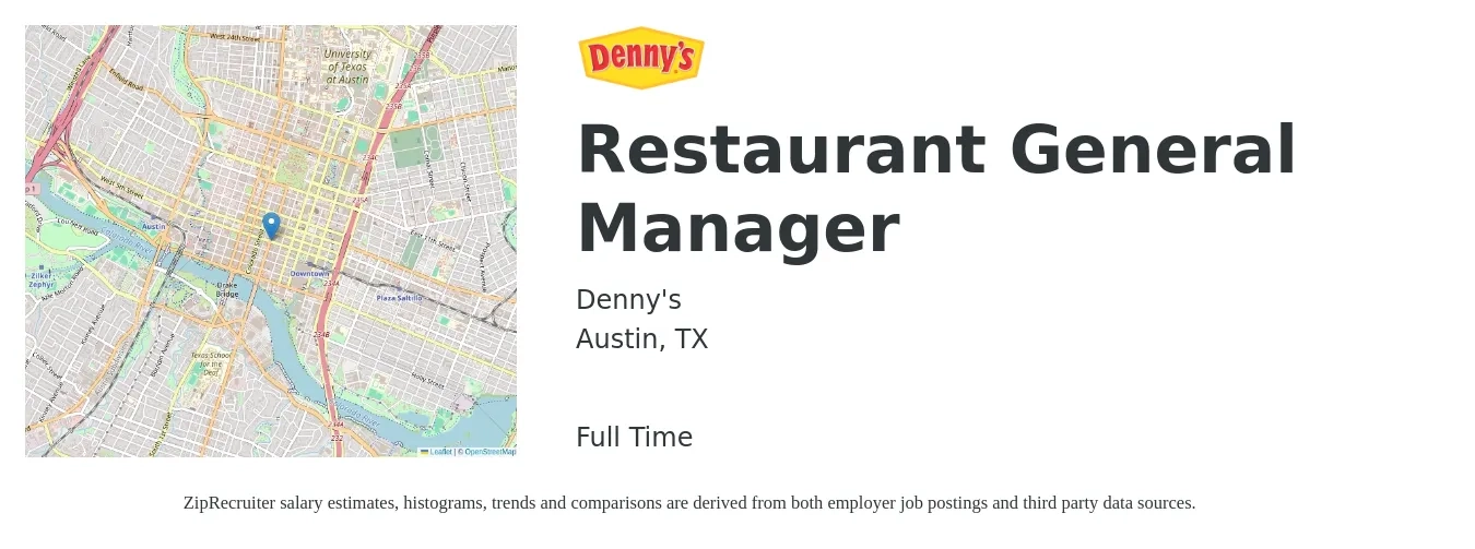 Denny's job posting for a Restaurant General Manager in Austin, TX with a salary of $51,100 to $70,400 Yearly with a map of Austin location.