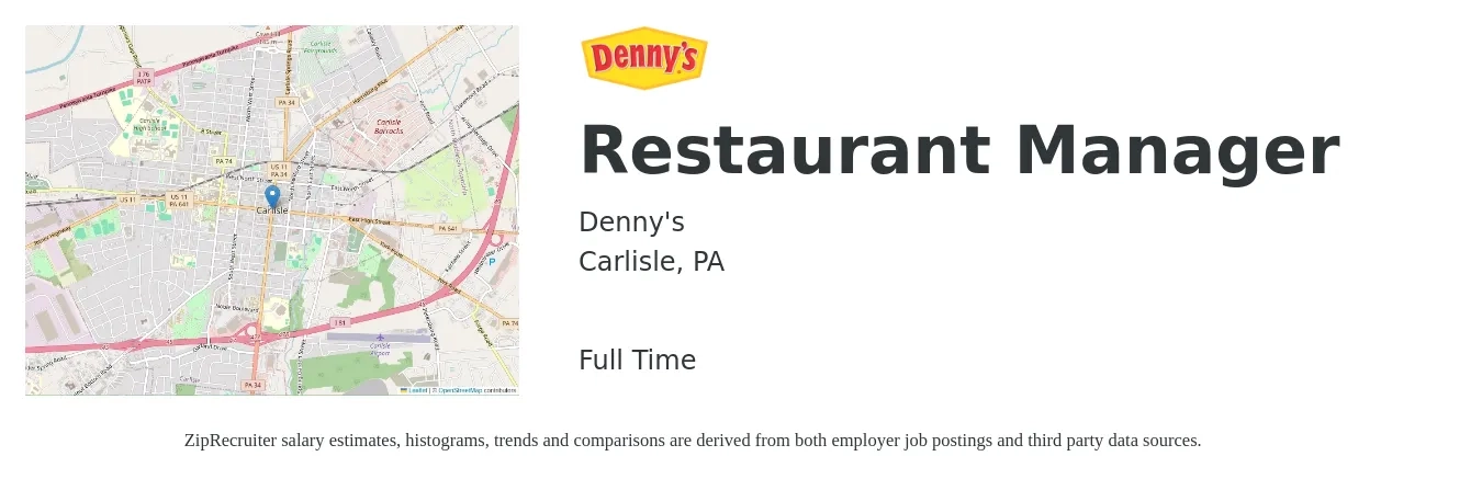 Denny's job posting for a Restaurant Manager in Carlisle, PA with a salary of $43,800 to $61,800 Yearly with a map of Carlisle location.