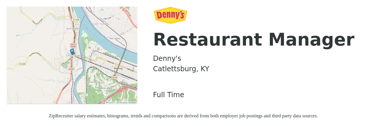 Denny's job posting for a Restaurant Manager in Catlettsburg, KY with a salary of $37,100 to $52,400 Yearly with a map of Catlettsburg location.