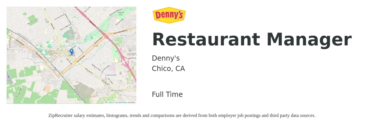 Denny's job posting for a Restaurant Manager in Chico, CA with a salary of $45,800 to $64,600 Yearly with a map of Chico location.