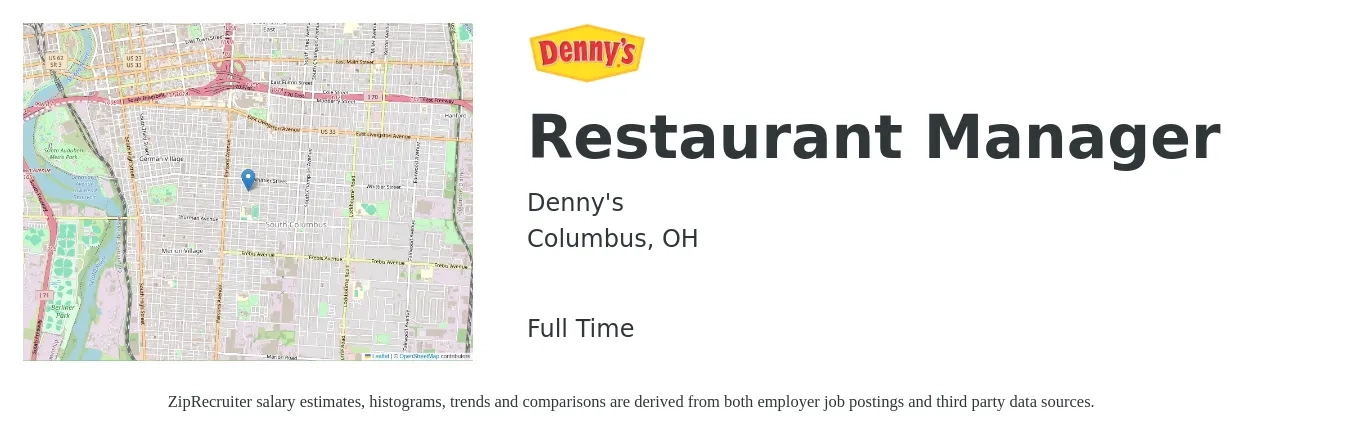 Denny's job posting for a Restaurant Manager in Columbus, OH with a salary of $42,500 to $59,900 Yearly with a map of Columbus location.