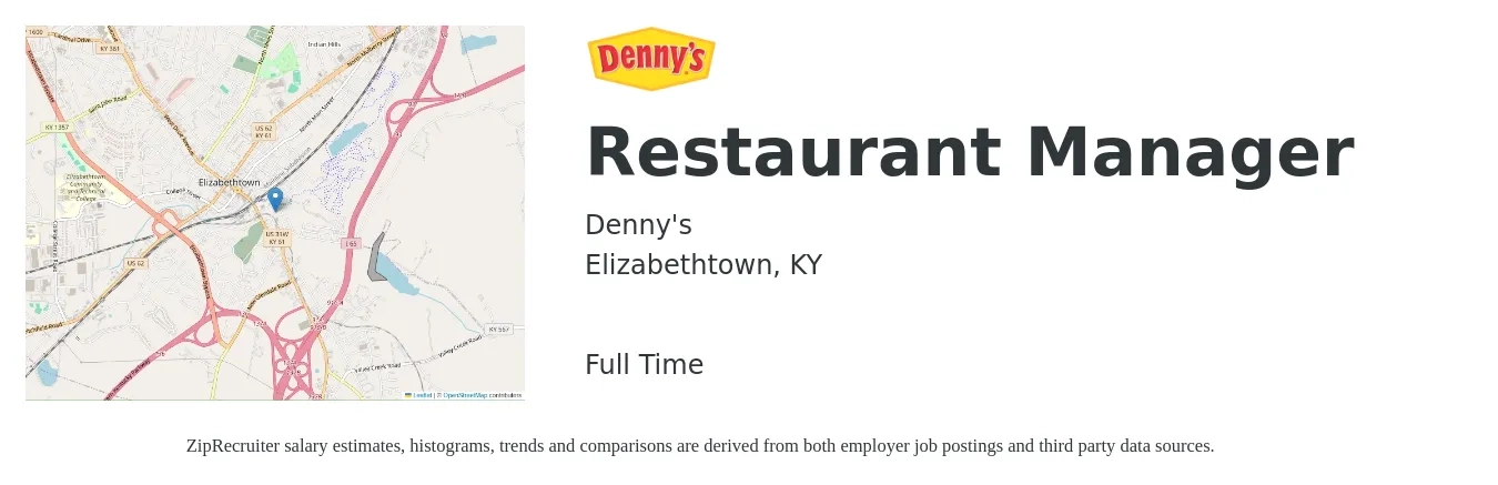 Denny's job posting for a Restaurant Manager in Elizabethtown, KY with a salary of $41,300 to $58,300 Yearly with a map of Elizabethtown location.