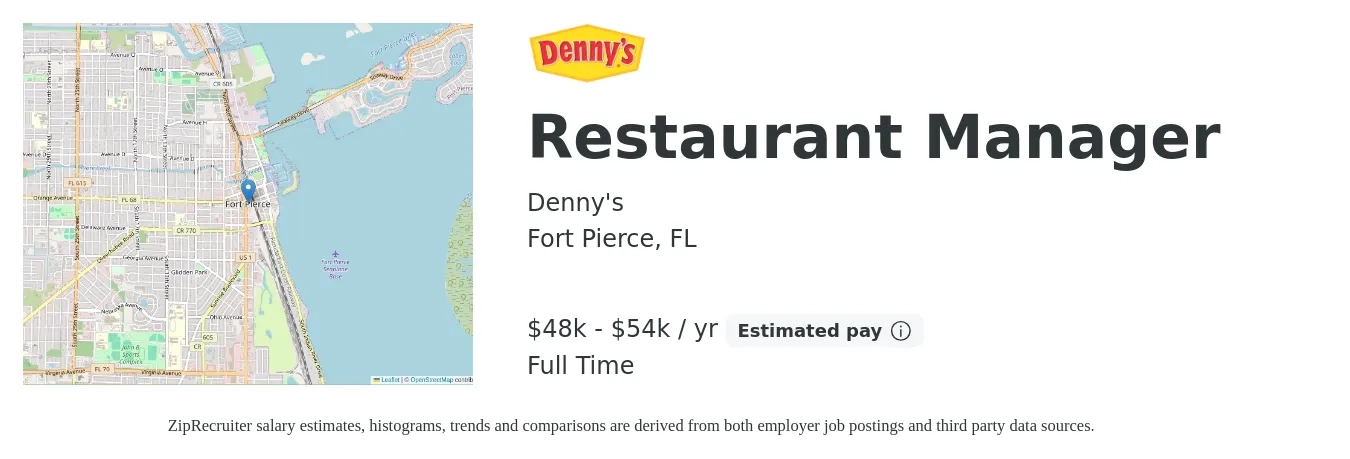 Denny's job posting for a Restaurant Manager in Fort Pierce, FL with a salary of $48,500 to $54,000 Yearly with a map of Fort Pierce location.
