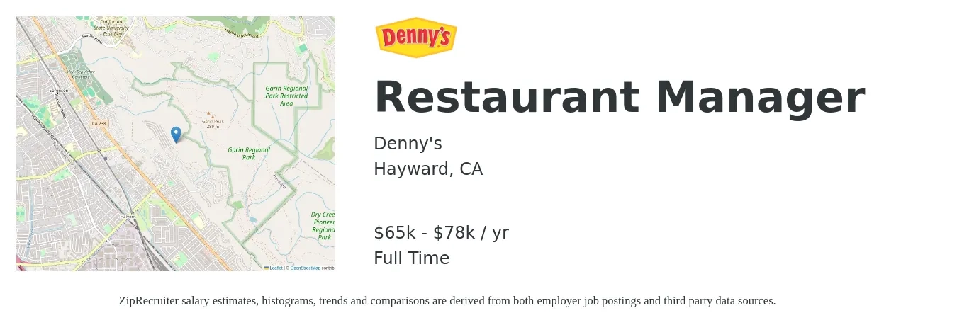 Denny's job posting for a Restaurant Manager in Hayward, CA with a salary of $65,000 to $78,000 Yearly with a map of Hayward location.