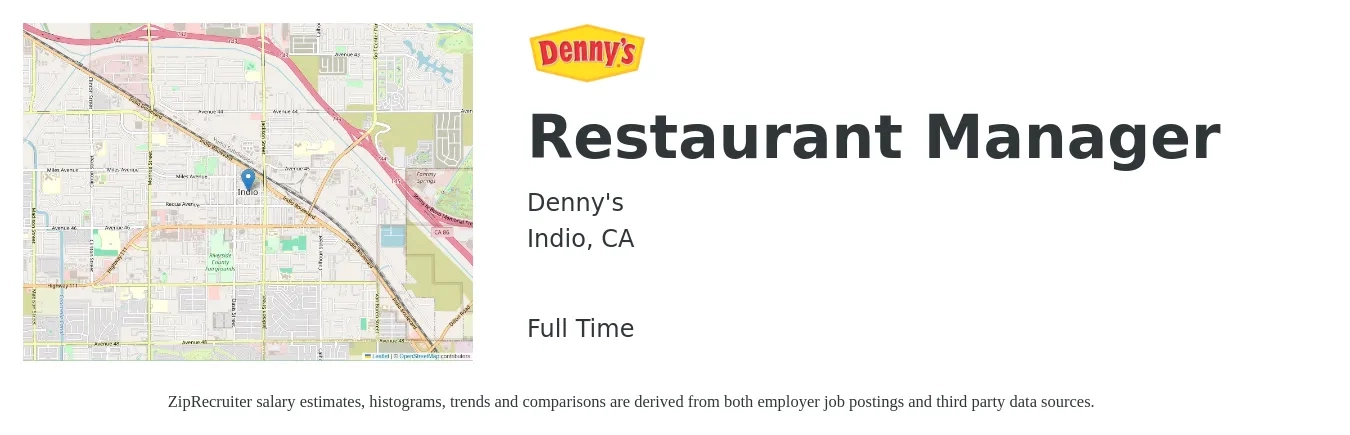 Denny's job posting for a Restaurant Manager in Indio, CA with a salary of $46,100 to $65,100 Yearly with a map of Indio location.
