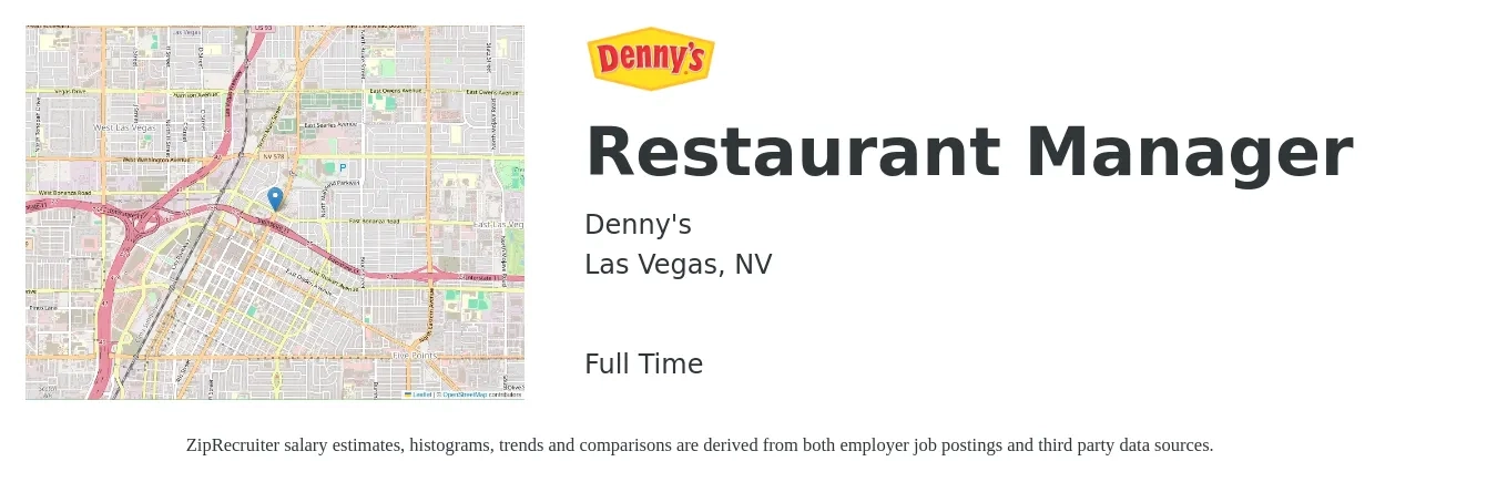 Denny's job posting for a Restaurant Manager in Las Vegas, NV with a salary of $40,400 to $57,100 Yearly with a map of Las Vegas location.