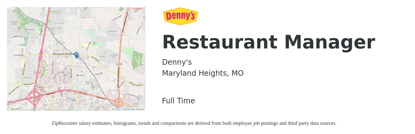 Denny's job posting for a Restaurant Manager in Maryland Heights, MO with a salary of $43,500 to $61,400 Yearly with a map of Maryland Heights location.