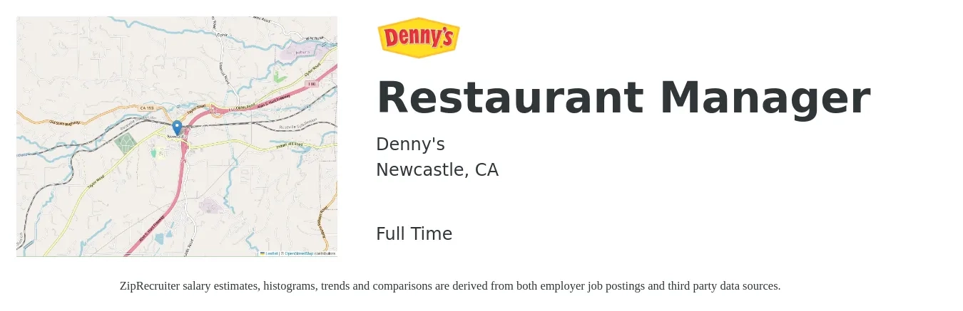 Denny's job posting for a Restaurant Manager in Newcastle, CA with a salary of $48,100 to $67,900 Yearly with a map of Newcastle location.