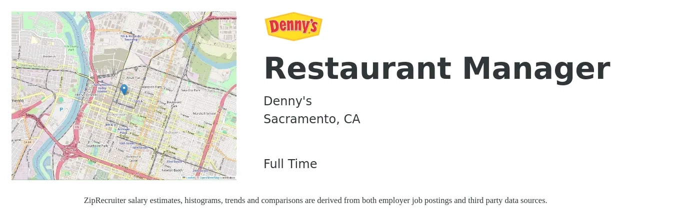 Denny's job posting for a Restaurant Manager in Sacramento, CA with a salary of $48,000 to $67,700 Yearly with a map of Sacramento location.